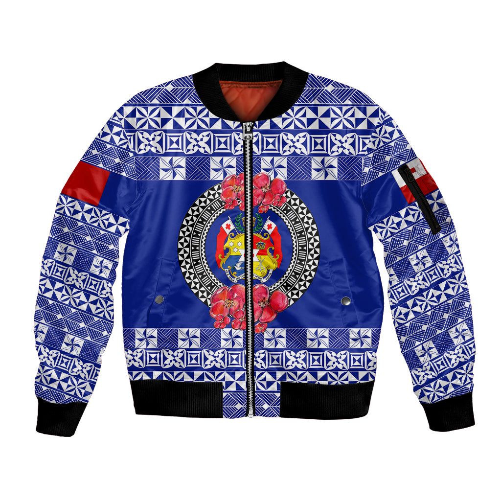 (Custom Personalised) Tonga Emancipation Day Sleeve Zip Bomber Jacket Independence Day - Simple Ngatu Heilala Flower - Blue LT8 Unisex Blue - Polynesian Pride