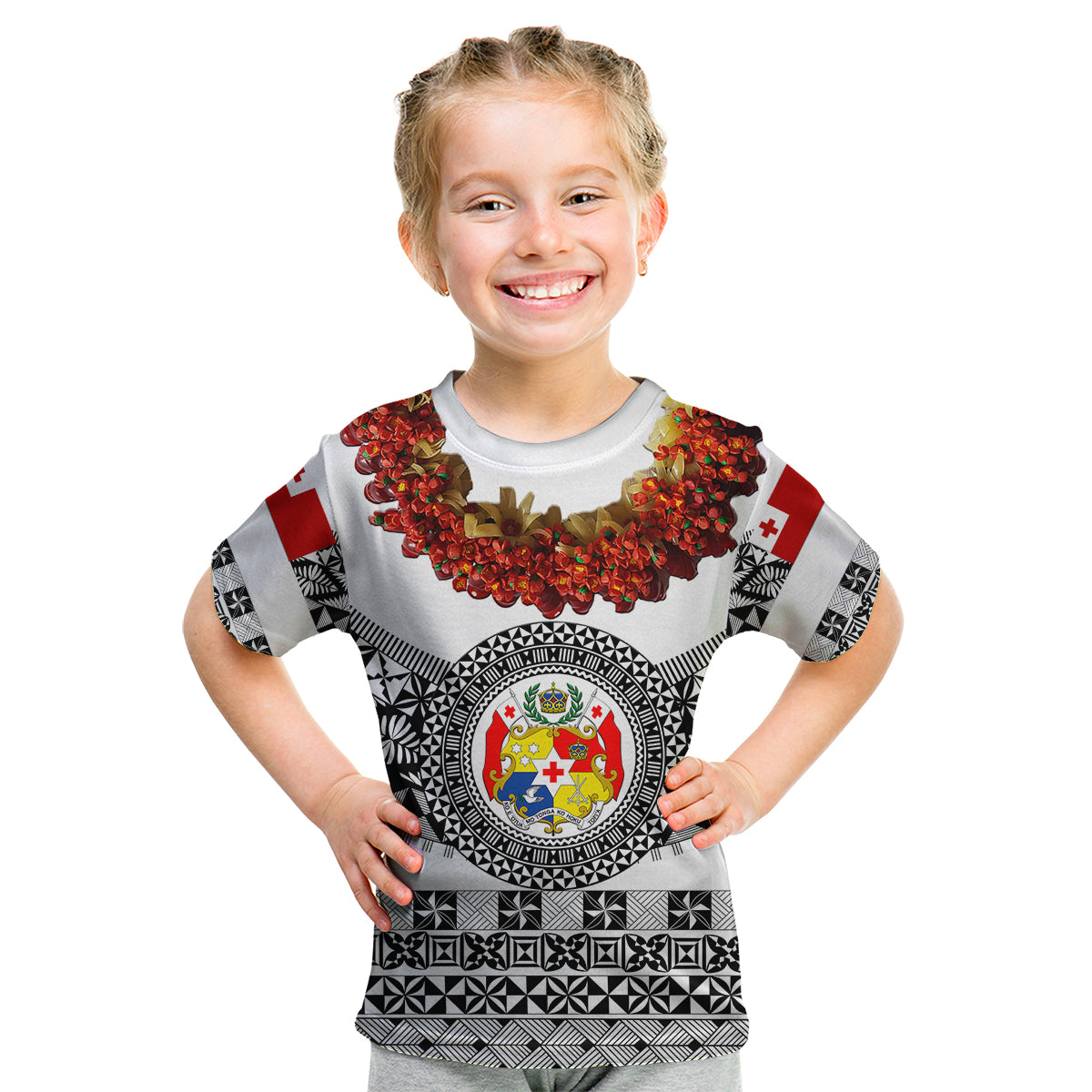 (Custom Personalised) Tonga Emancipation Day Kid T Shirt Independence Day - Fancy Kahoa Heilala Flower - White Black LT8 Youth XL Size14 - Polynesian Pride