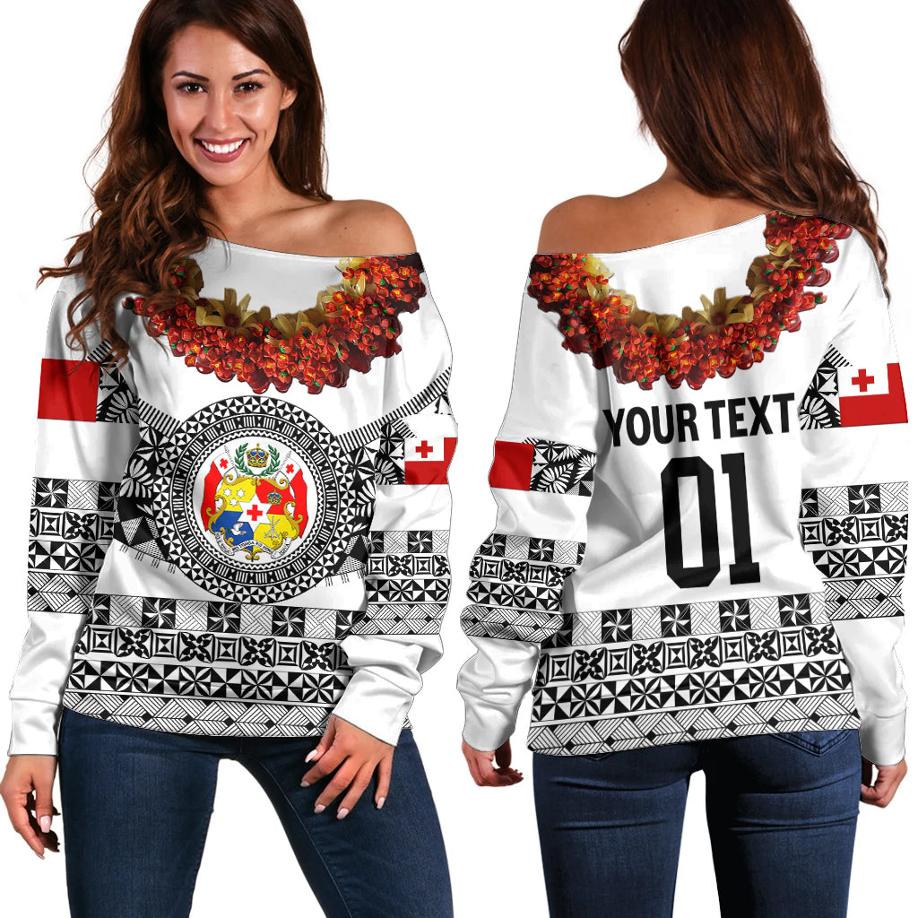 (Custom Personalised) Tonga Emancipation Day Off Shoulder Sweater Independence Day - Fancy Kahoa Heilala Flower - White Black LT8 Women White - Polynesian Pride