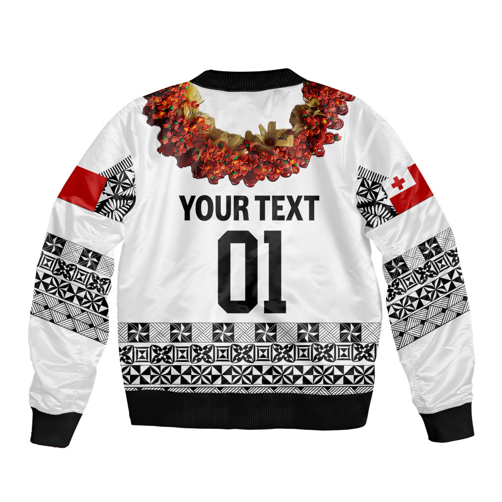 (Custom Personalised) Tonga Emancipation Day Sleeve Zip Bomber Jacket Independence Day - Fancy Kahoa Heilala Flower - White Black LT8 - Polynesian Pride