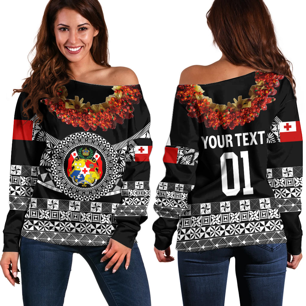 (Custom Personalised) Tonga Emancipation Day Off Shoulder Sweater Independence Day - Fancy Kahoa Heilala Flower - Black LT8 Women Black - Polynesian Pride