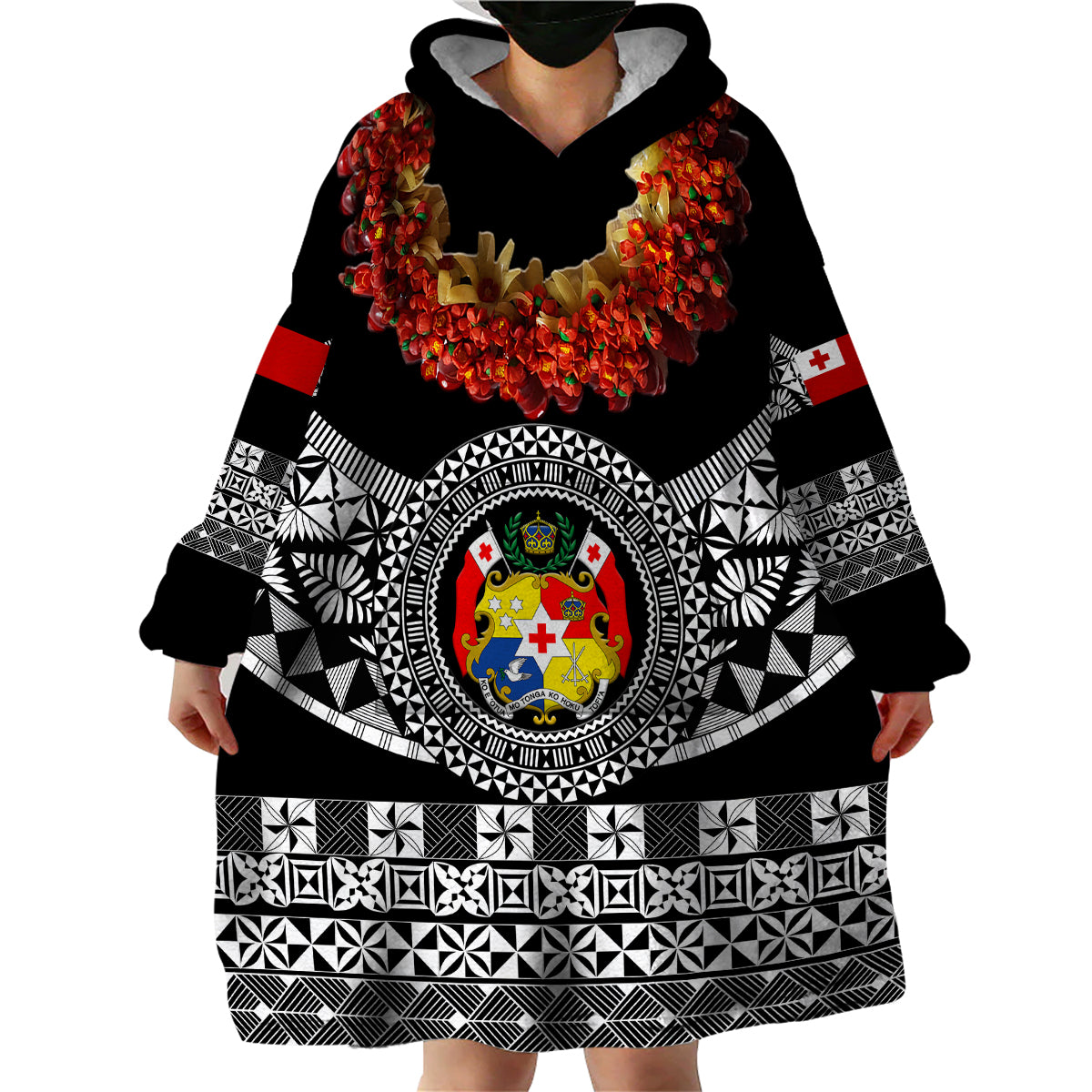 (Custom Personalised) Tonga Emancipation Day Wearable Blanket Hoodie Independence Day - Fancy Kahoa Heilala Flower - Black LT8 - Polynesian Pride
