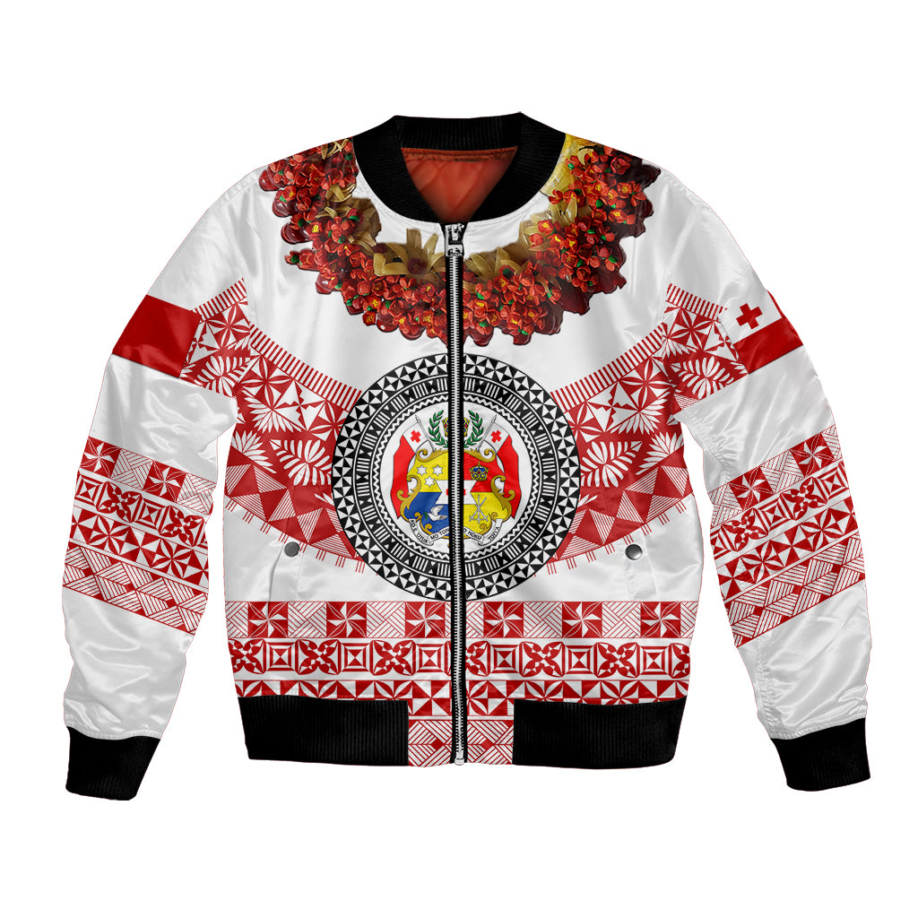 (Custom Personalised) Tonga Emancipation Day Bomber Jacket Independence Day - Fancy Kahoa Heilala Flower - White Red LT8 Unisex White - Polynesian Pride