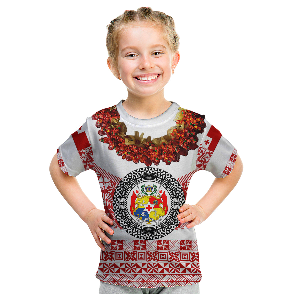 (Custom Personalised) Tonga Emancipation Day Kid T Shirt Independence Day - Fancy Kahoa Heilala Flower - White Red LT8 Youth XL Size14 - Polynesian Pride