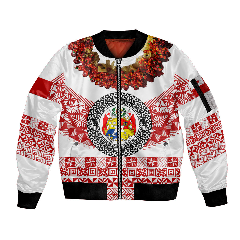 (Custom Personalised) Tonga Emancipation Day Sleeve Zip Bomber Jacket Independence Day - Fancy Kahoa Heilala Flower - White Red LT8 Unisex White - Polynesian Pride