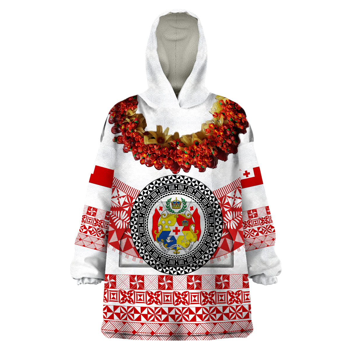 (Custom Personalised) Tonga Emancipation Day Wearable Blanket Hoodie Independence Day - Fancy Kahoa Heilala Flower - White Red LT8 Unisex One Size - Polynesian Pride