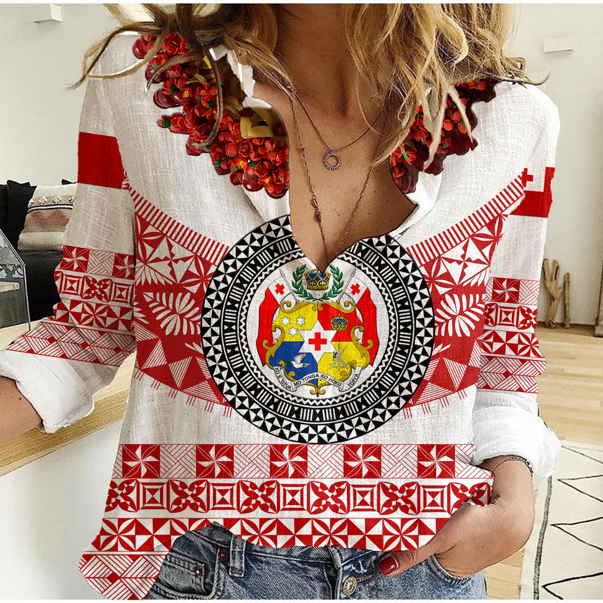 (Custom Personalised) Tonga Emancipation Day Women Casual Shirt Independence Day - Fancy Kahoa Heilala Flower - White Red LT8 Female White - Polynesian Pride