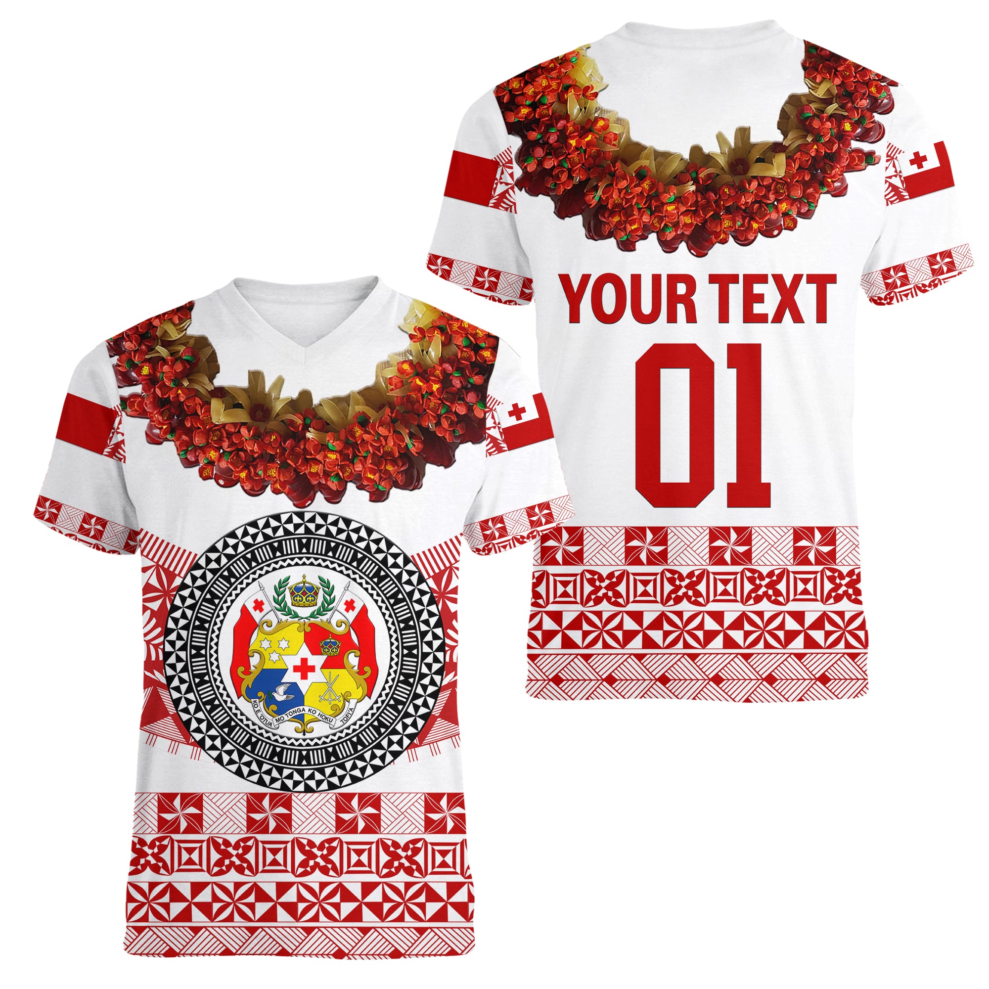 (Custom Personalised) Tonga Emancipation Day Women V Neck T Shirt Independence Day - Fancy Kahoa Heilala Flower - White Red LT8 Female White - Polynesian Pride