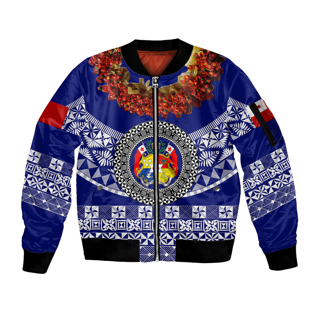 (Custom Personalised) Tonga Emancipation Day Sleeve Zip Bomber Jacket Independence Day - Fancy Kahoa Heilala Flower - Blue LT8 Unisex Blue - Polynesian Pride