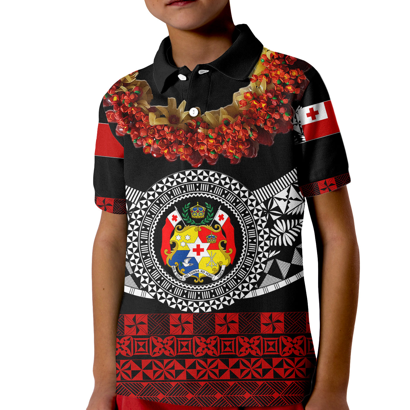 (Custom Personalised) Tonga Emancipation Day Kid Polo Shirt Independence Day - Fancy Kahoa Heilala Flower - Black Red LT8 Kid Black - Polynesian Pride