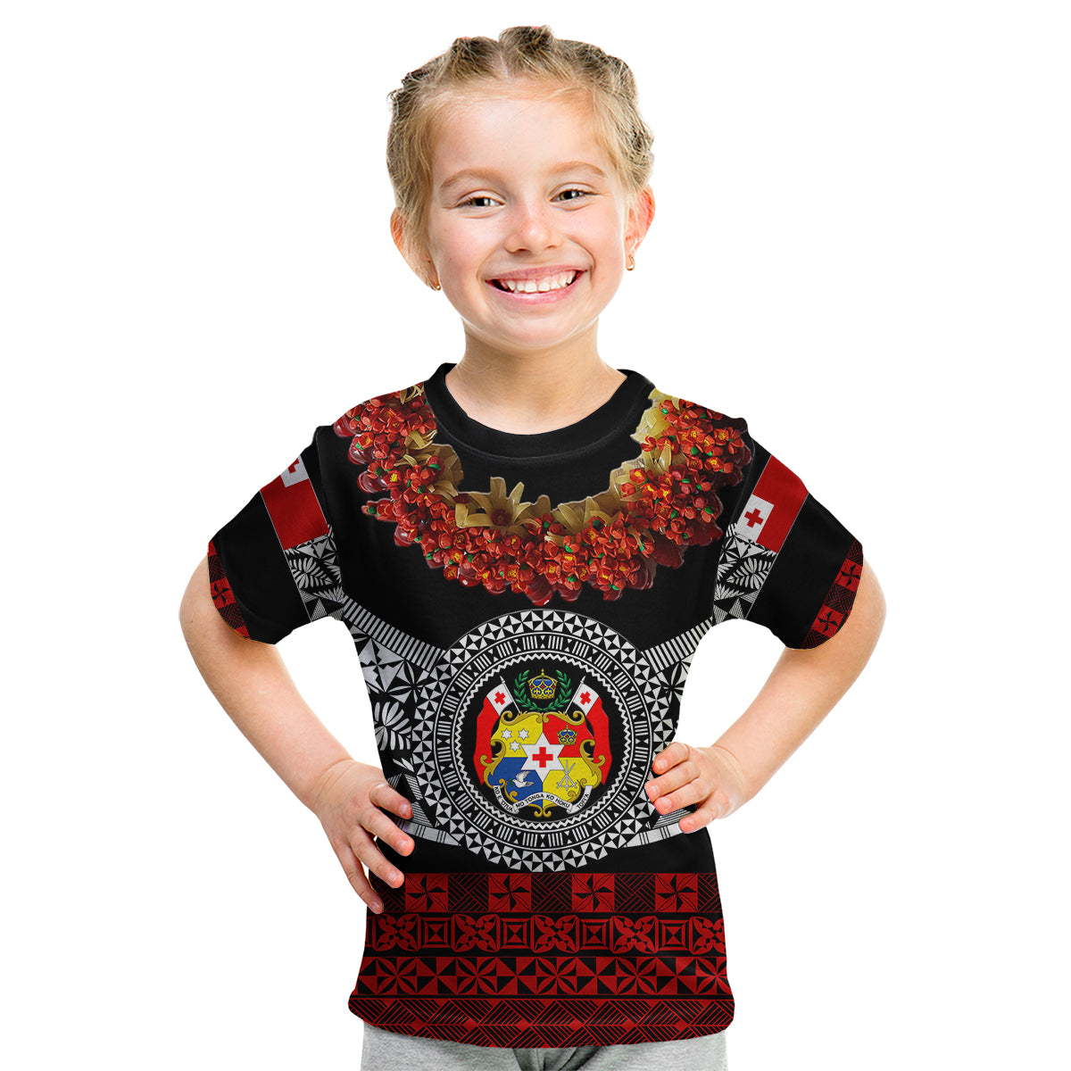 (Custom Personalised) Tonga Emancipation Day Kid T Shirt Independence Day - Fancy Kahoa Heilala Flower - Black Red LT8 Youth XL Size14 - Polynesian Pride