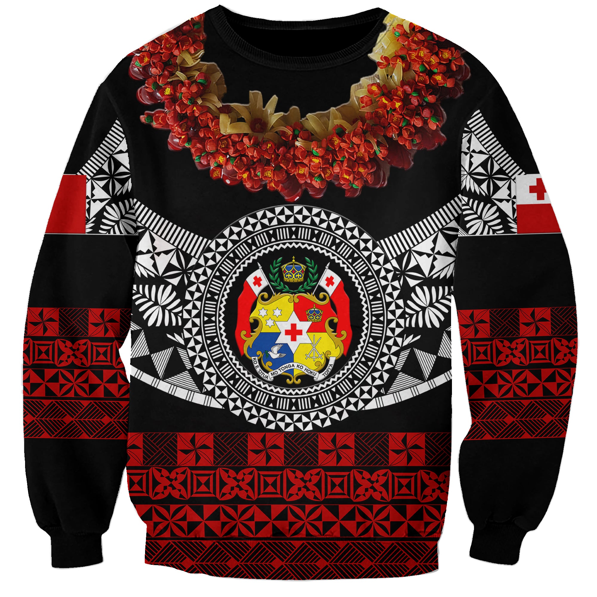 (Custom Personalised) Tonga Emancipation Day Sweatshirt Independence Day - Fancy Kahoa Heilala Flower - Black Red LT8 Unisex Black - Polynesian Pride