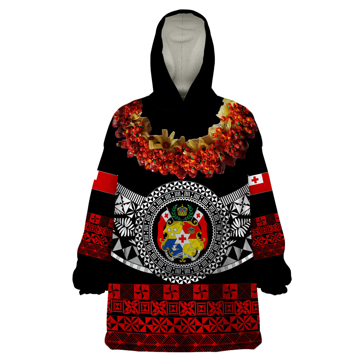 (Custom Personalised) Tonga Emancipation Day Wearable Blanket Hoodie Independence Day - Fancy Kahoa Heilala Flower - Black Red LT8 Unisex One Size - Polynesian Pride