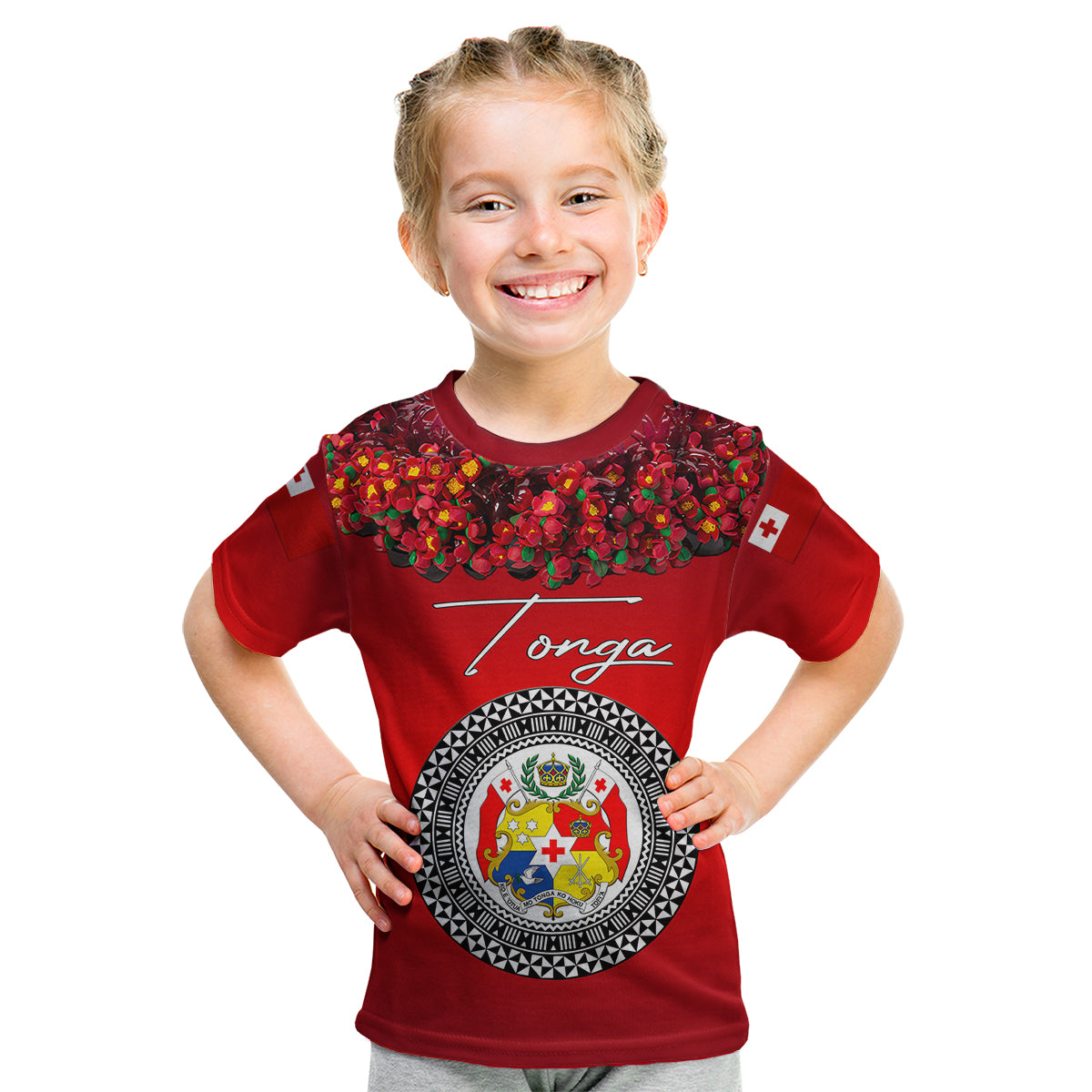 (Custom Personalised) Tonga Emancipation Day Kid T Shirt Independence Day - Unique Kahoa Heilala Flower - Red LT8 Youth XL Size14 - Polynesian Pride
