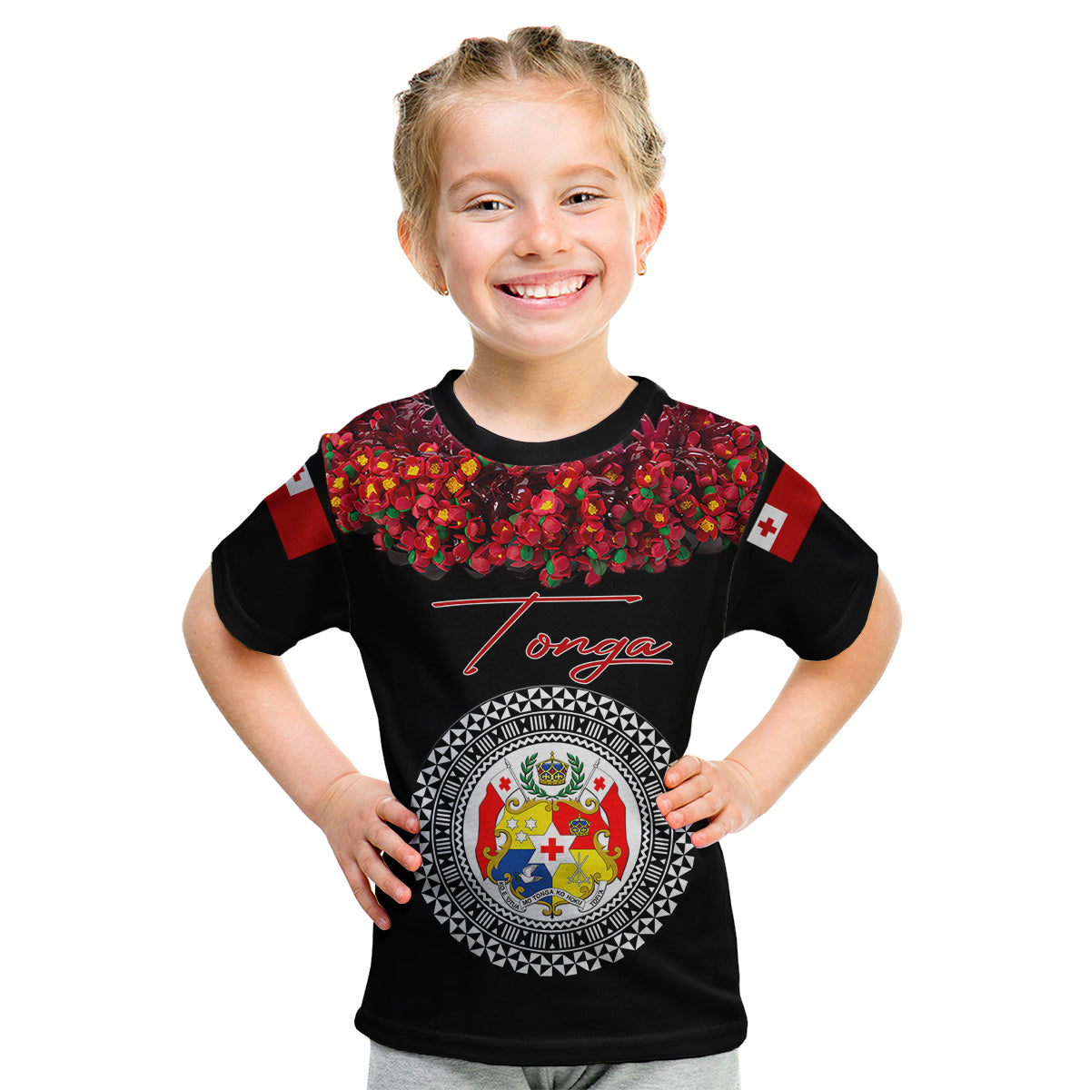 (Custom Personalised) Tonga Emancipation Day Kid T Shirt Independence Day - Unique Kahoa Heilala Flower - Black LT8 - Polynesian Pride