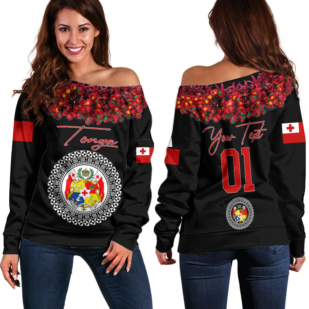 (Custom Personalised) Tonga Emancipation Day Off Shoulder Sweater Independence Day - Unique Kahoa Heilala Flower - Black LT8 Women Black - Polynesian Pride