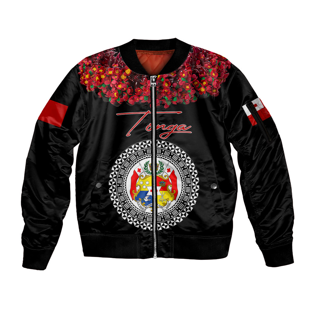 (Custom Personalised) Tonga Emancipation Day Sleeve Zip Bomber Jacket Independence Day - Unique Kahoa Heilala Flower - Black LT8 Unisex Black - Polynesian Pride