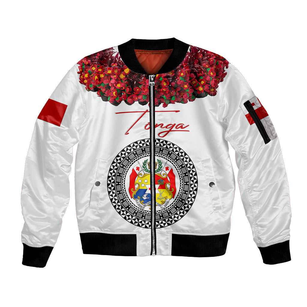 (Custom Personalised) Tonga Emancipation Day Sleeve Zip Bomber Jacket Independence Day - Unique Kahoa Heilala Flower - White LT8 Unisex White - Polynesian Pride