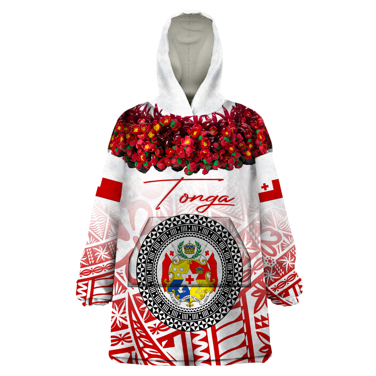 (Custom Personalised) Tonga Emancipation Day Wearable Blanket Hoodie Independence Day - Kupesi Kahoa Heilala Flower - White LT8 Unisex One Size - Polynesian Pride