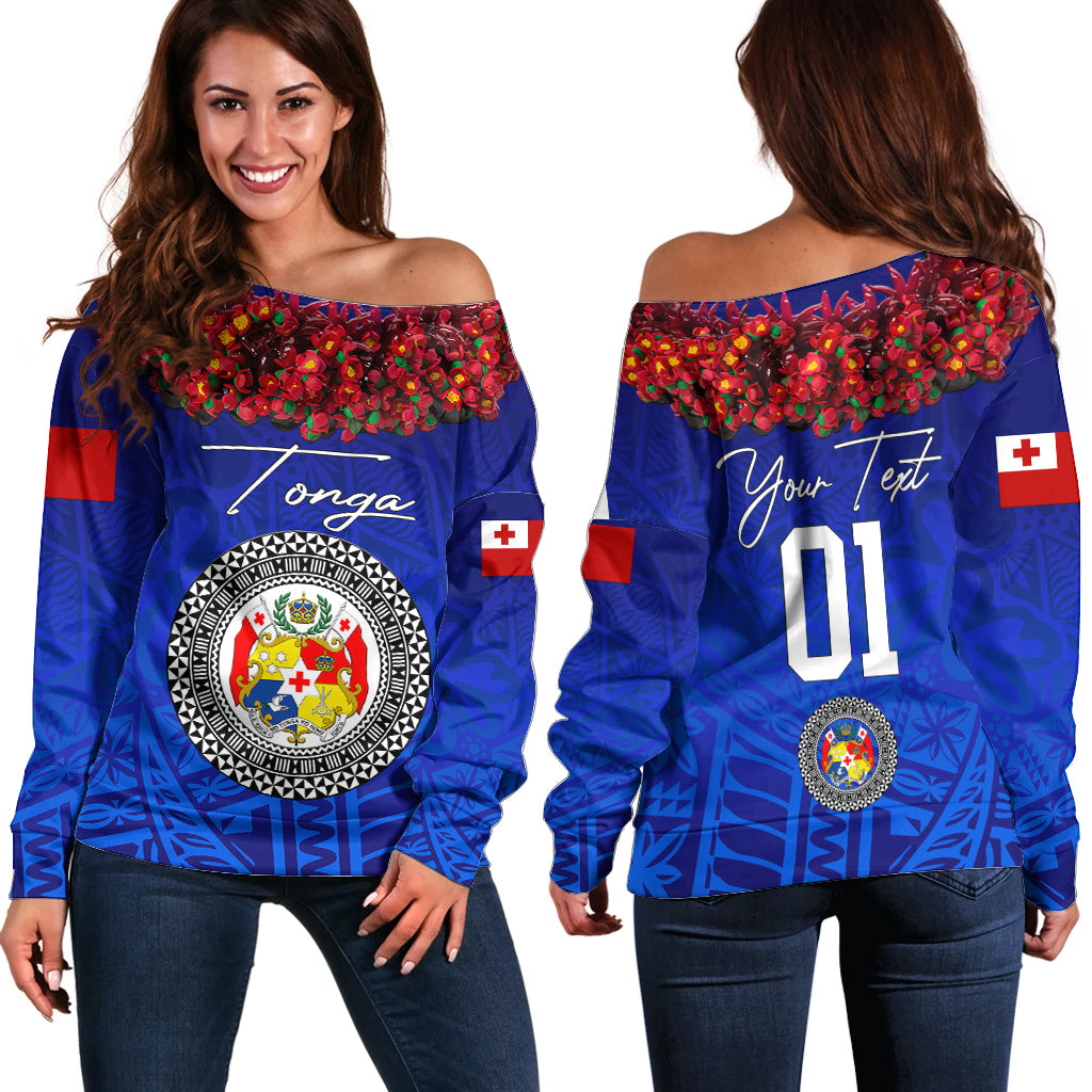 (Custom Personalised) Tonga Emancipation Day Off Shoulder Sweater Independence Day - Kupesi Kahoa Heilala Flower - Blue LT8 Women Blue - Polynesian Pride