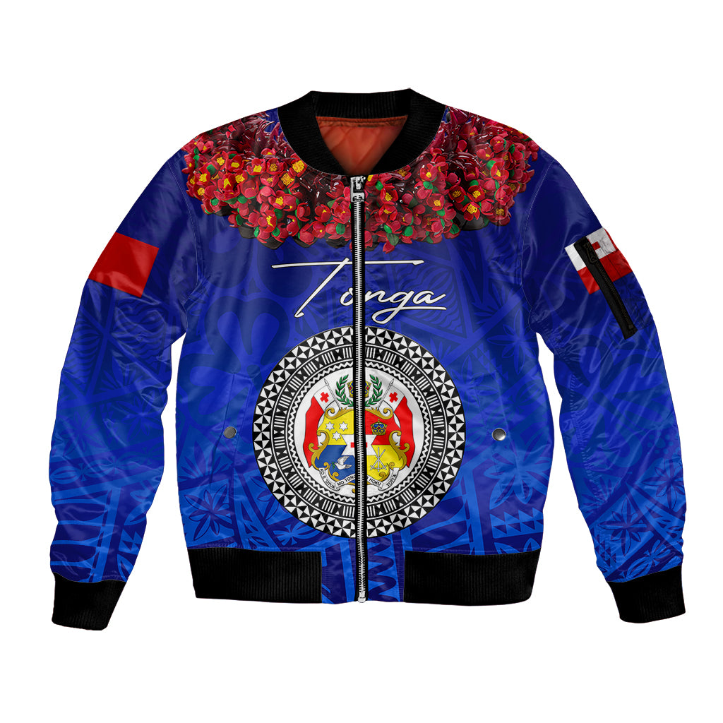 (Custom Personalised) Tonga Emancipation Day Sleeve Zip Bomber Jacket Independence Day - Kupesi Kahoa Heilala Flower - Blue LT8 Unisex Blue - Polynesian Pride