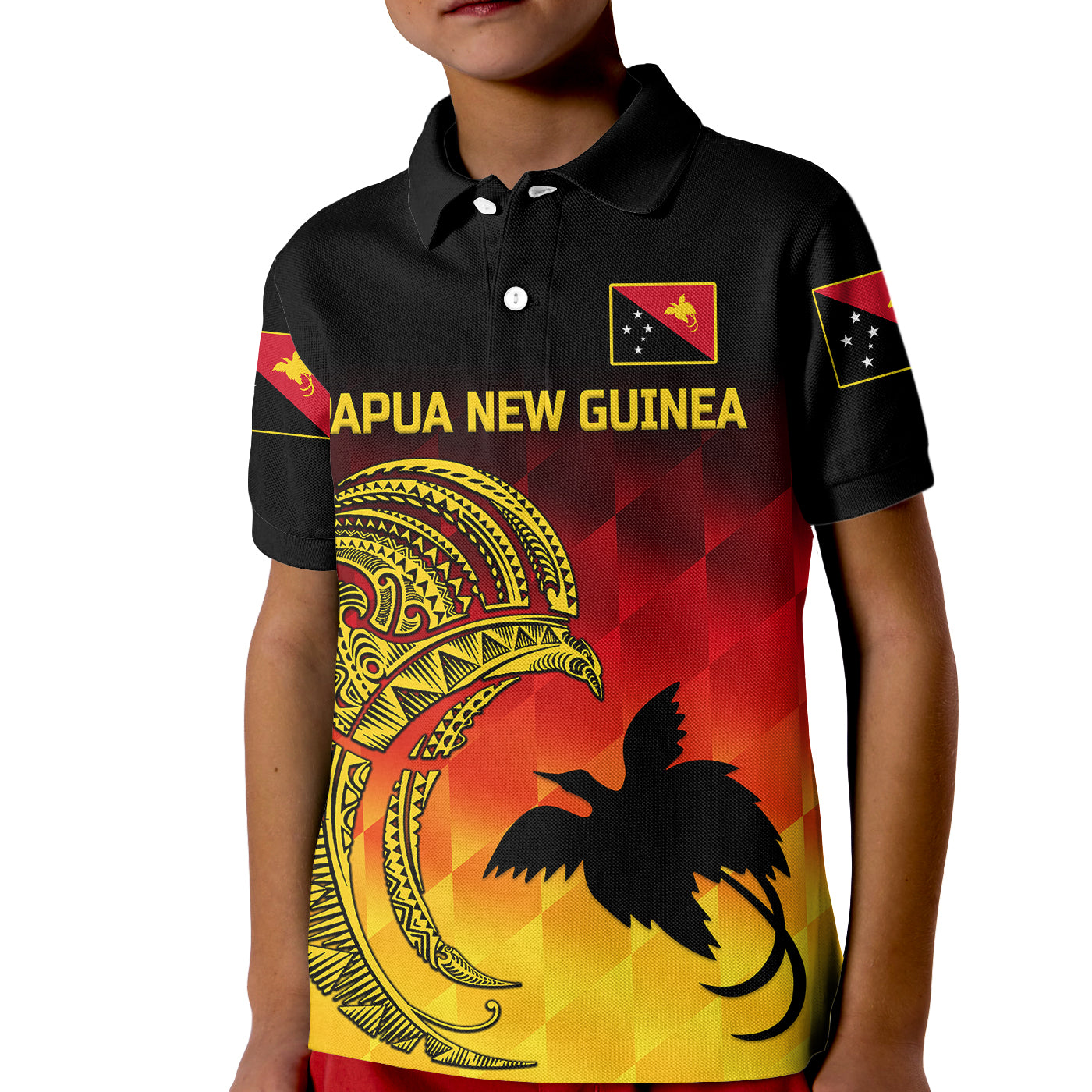 (Custom Personalised) Papua New Guinea Barramundis Cricket Kid Polo Shirt Birds Of Paradise Paradisaea Raggiana Original - Gradient Flag Vibes LT8 Kid Black - Polynesian Pride