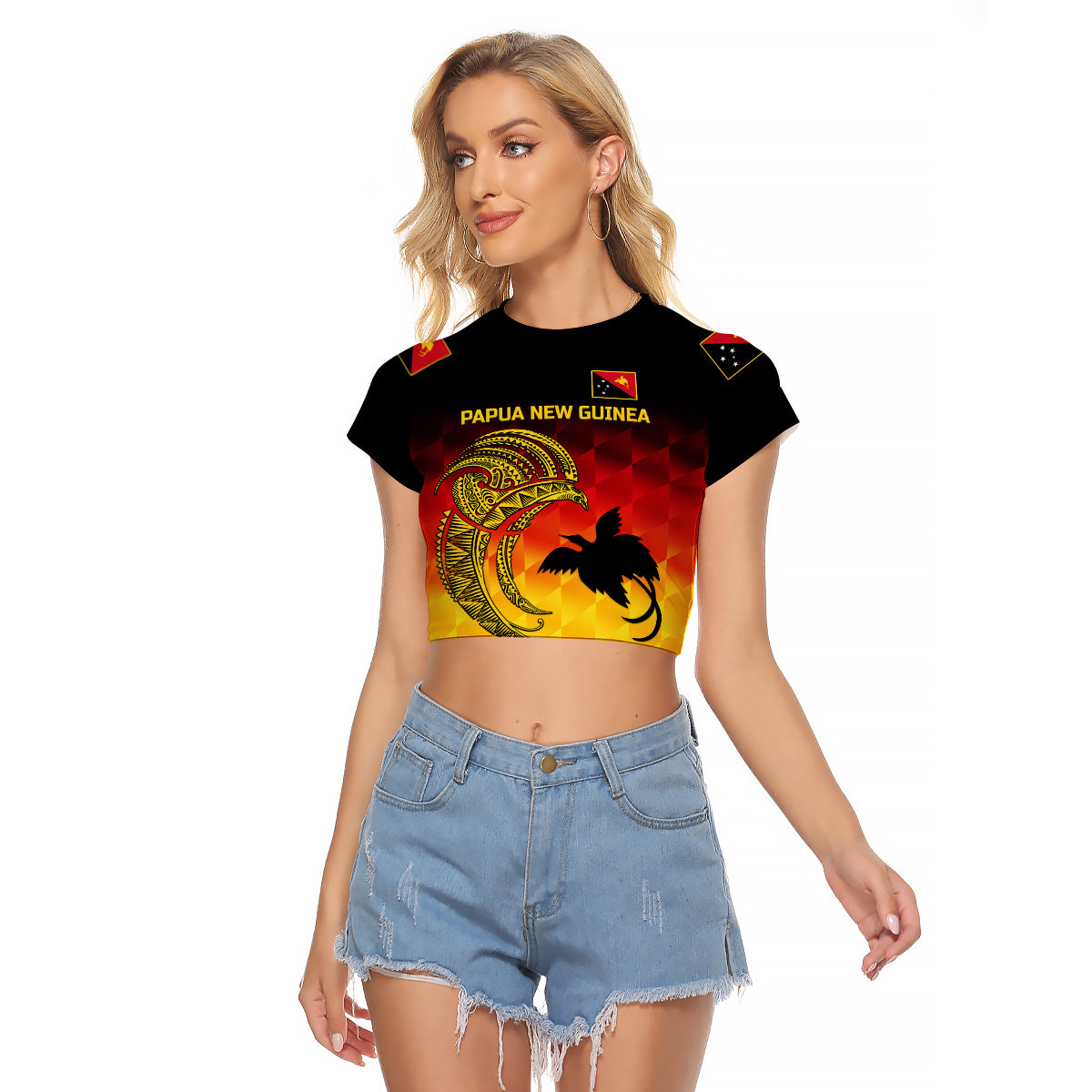 (Custom Personalised) Papua New Guinea Barramundis Cricket Raglan Cropped T Shirt Birds Of Paradise Paradisaea Raggiana Original - Gradient Flag Vibes LT8 Female Black - Polynesian Pride