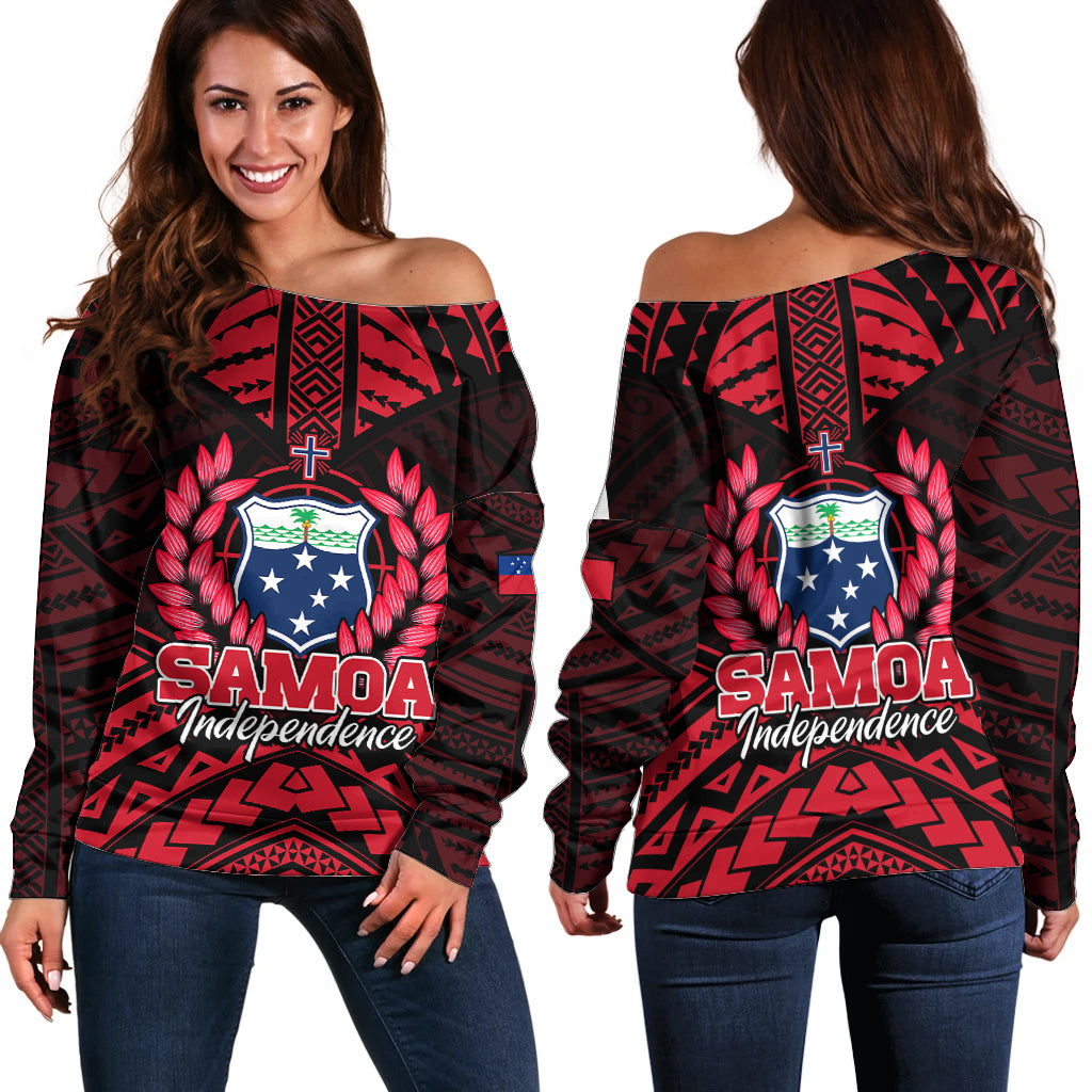 Samoa Independence Day Off Shoulder Sweater Ulafa Polynesian Unique Red No3 LT9 Women Red - Polynesian Pride