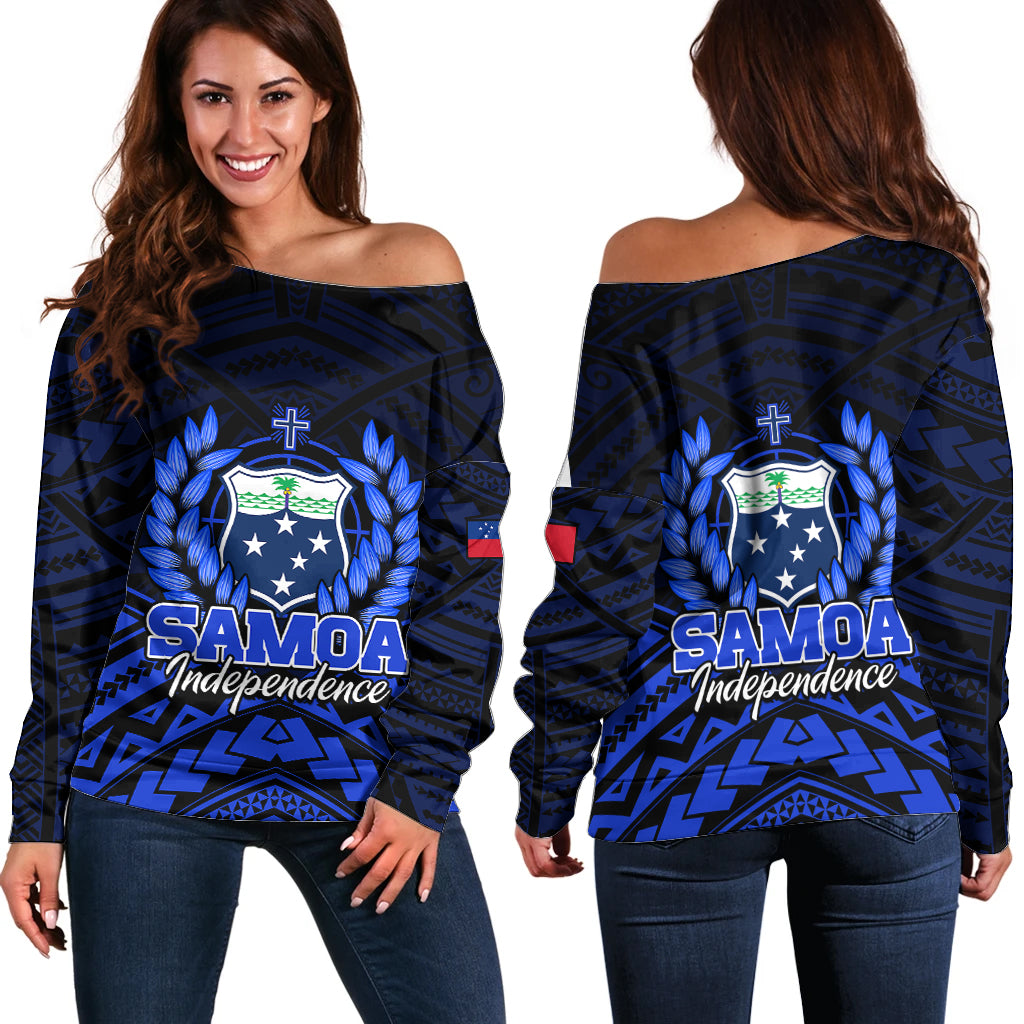 Samoa Independence Day Off Shoulder Sweater Ulafa Polynesian Unique Blue No2 LT9 Women Blue - Polynesian Pride