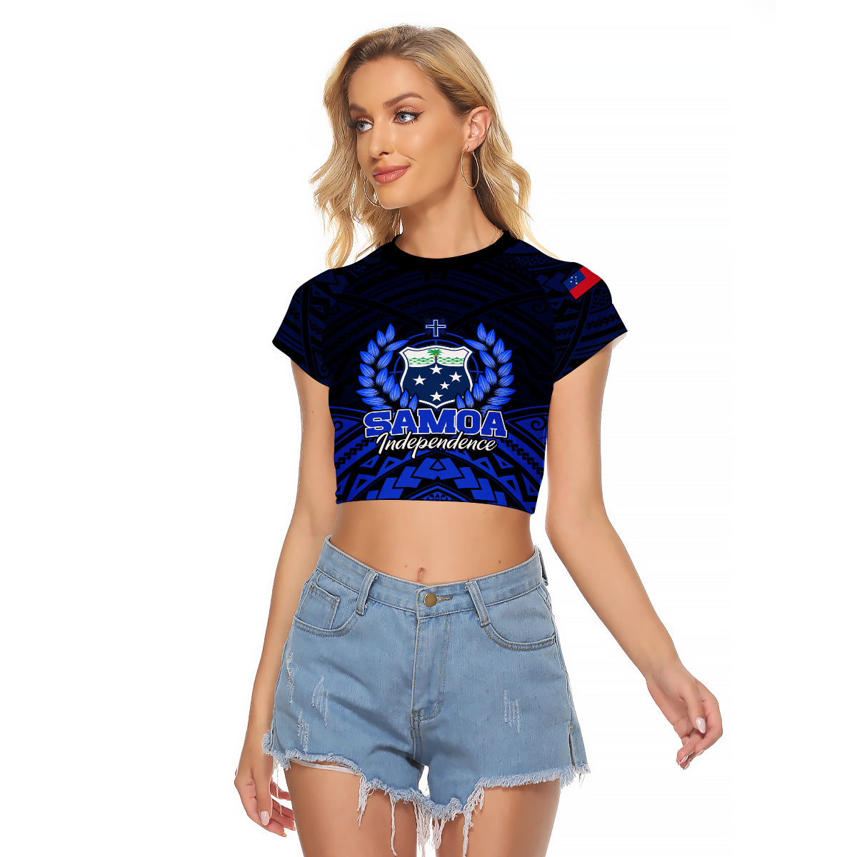 Samoa Independence Day Raglan Cropped T Shirt Ulafa Polynesian Unique Blue No2 LT9 Female Blue - Polynesian Pride