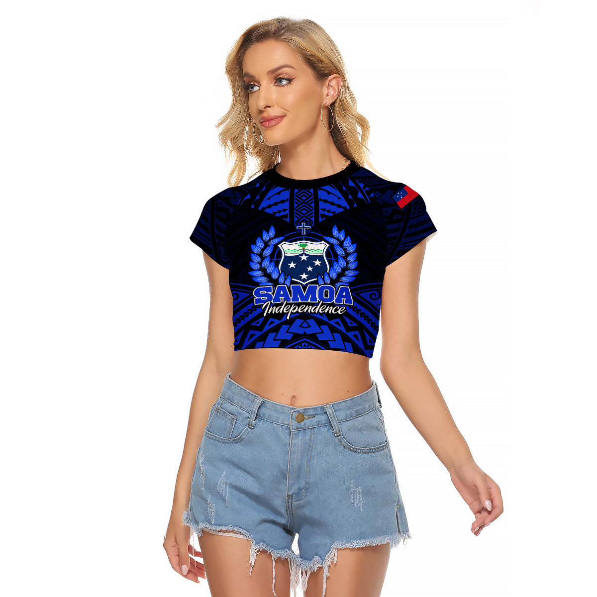 Samoa Independence Day Raglan Cropped T Shirt Ulafa Polynesian Unique Blue No3 LT9 Female Blue - Polynesian Pride