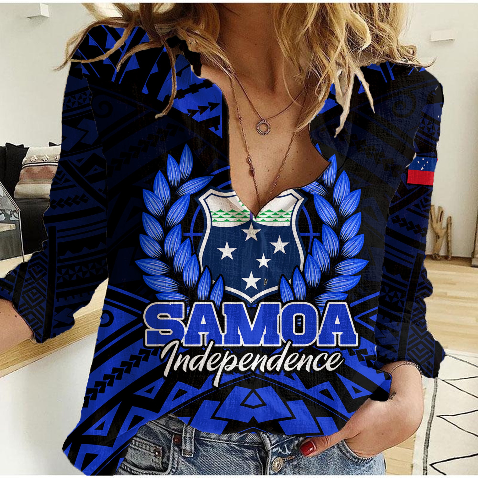 Samoa Independence Day Women Casual Shirt Ulafa Polynesian Unique Blue No3 LT9 Female Blue - Polynesian Pride