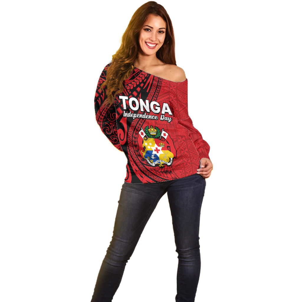 Tonga Independence Anniversary Off Shoulder Sweater Tongan Tribal Pattern Unique Version LT9 - Polynesian Pride