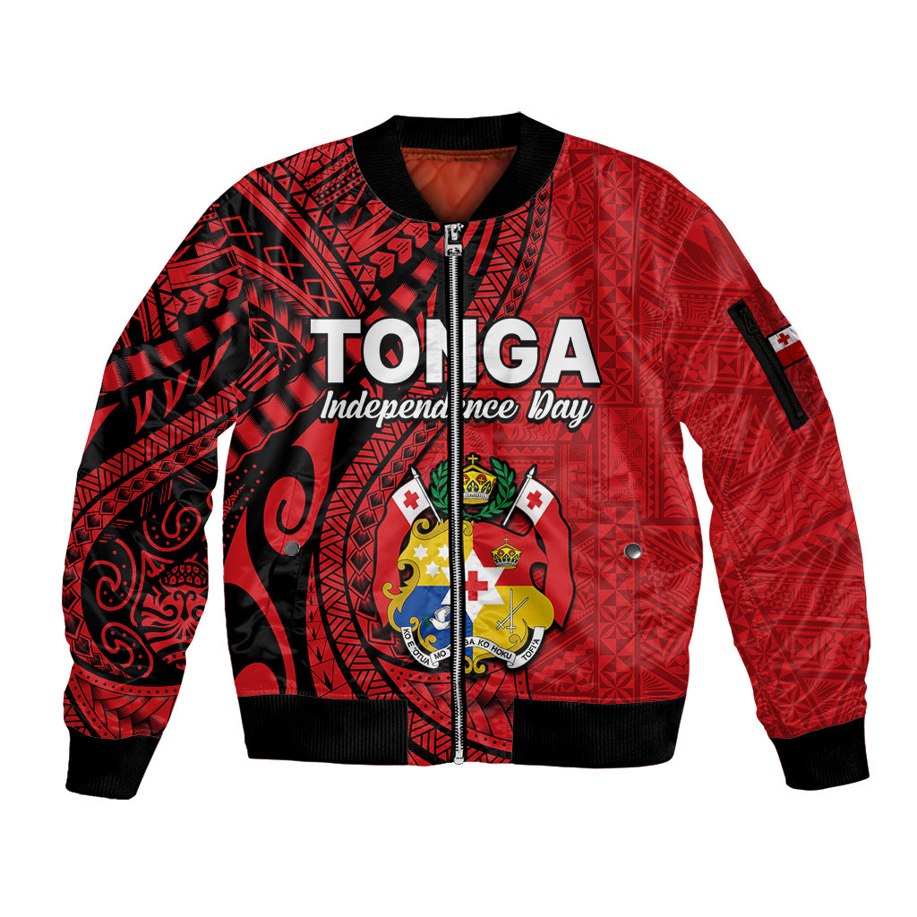 (Custom Personalised) Tonga Independence Anniversary Sleeve Zip Bomber Jacket Tongan Tribal Pattern Unique Version LT9 Unisex Red - Polynesian Pride