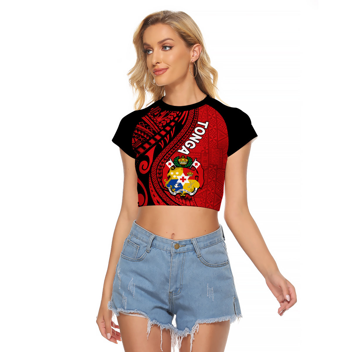 (Custom Personalised) Polynesian Tonga Raglan Cropped T Shirt Tribal Pattern Unique Version LT9 Female Red - Polynesian Pride