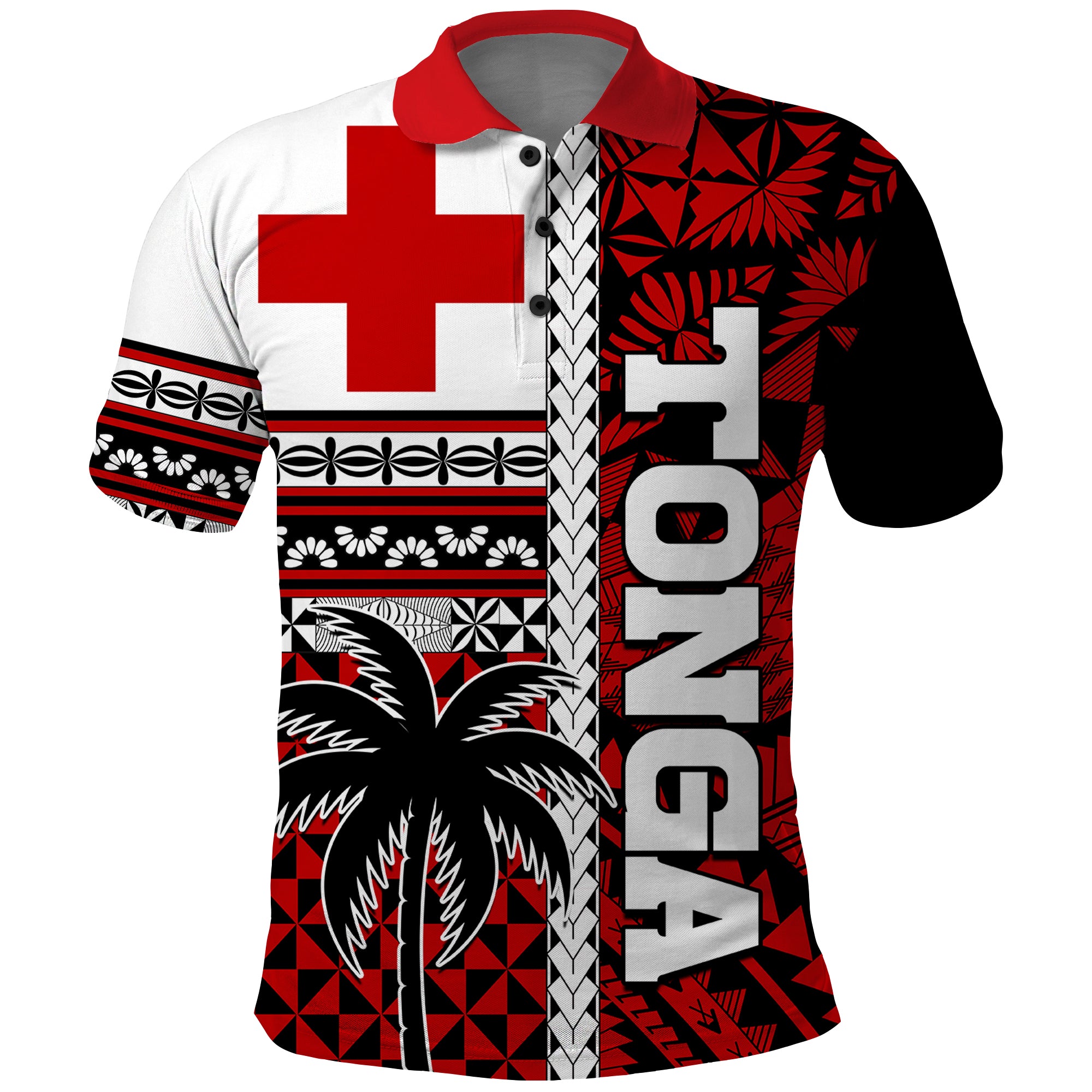 Tonga Kupesi Ngatu Polo Shirt Proud Tonga with Flag and Palm Tree LT9 Red - Polynesian Pride