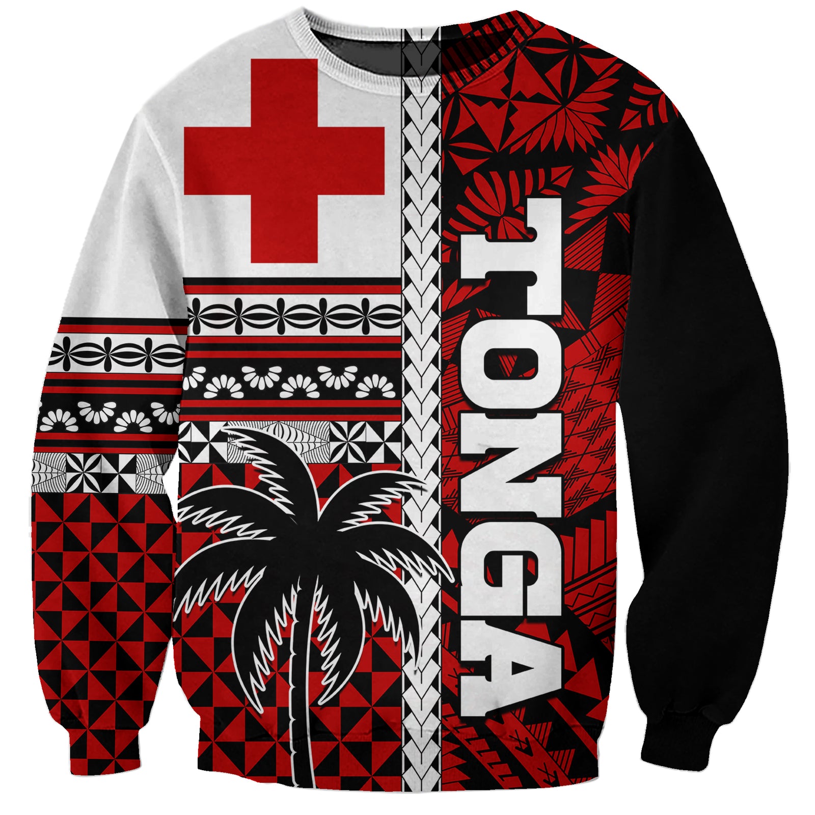 Tonga Kupesi Ngatu Sweatshirt - Proud Tonga Flag and Palm Tree LT9 Unisex Red - Polynesian Pride
