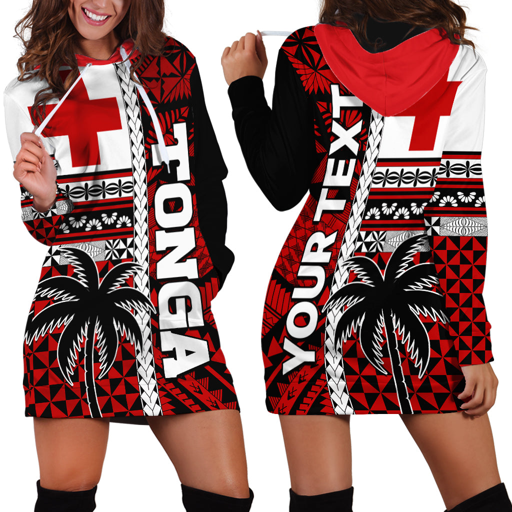 (Custom Personalised) Tonga Kupesi Ngatu Hoodie Dress Proud Tonga with Flag and Palm Tree LT9 Red - Polynesian Pride