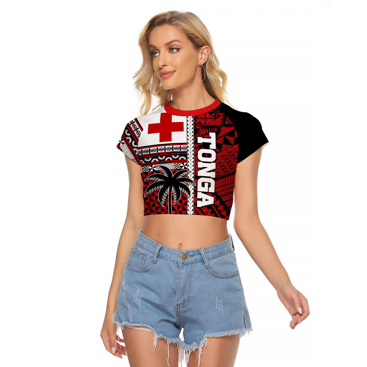 (Custom Personalised) Tonga Kupesi Ngatu Raglan Cropped T Shirt Proud Tonga with Flag and Palm Tree LT9 Female Red - Polynesian Pride