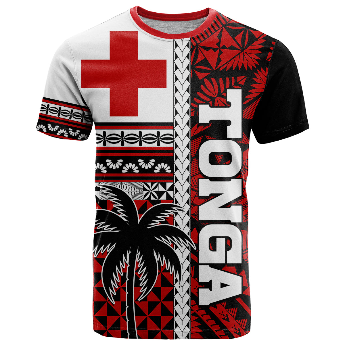 Tonga Kupesi Ngatu T-Shirt - Proud Tonga Flag and Palm Tree Custom Personalised LT9 Red - Polynesian Pride