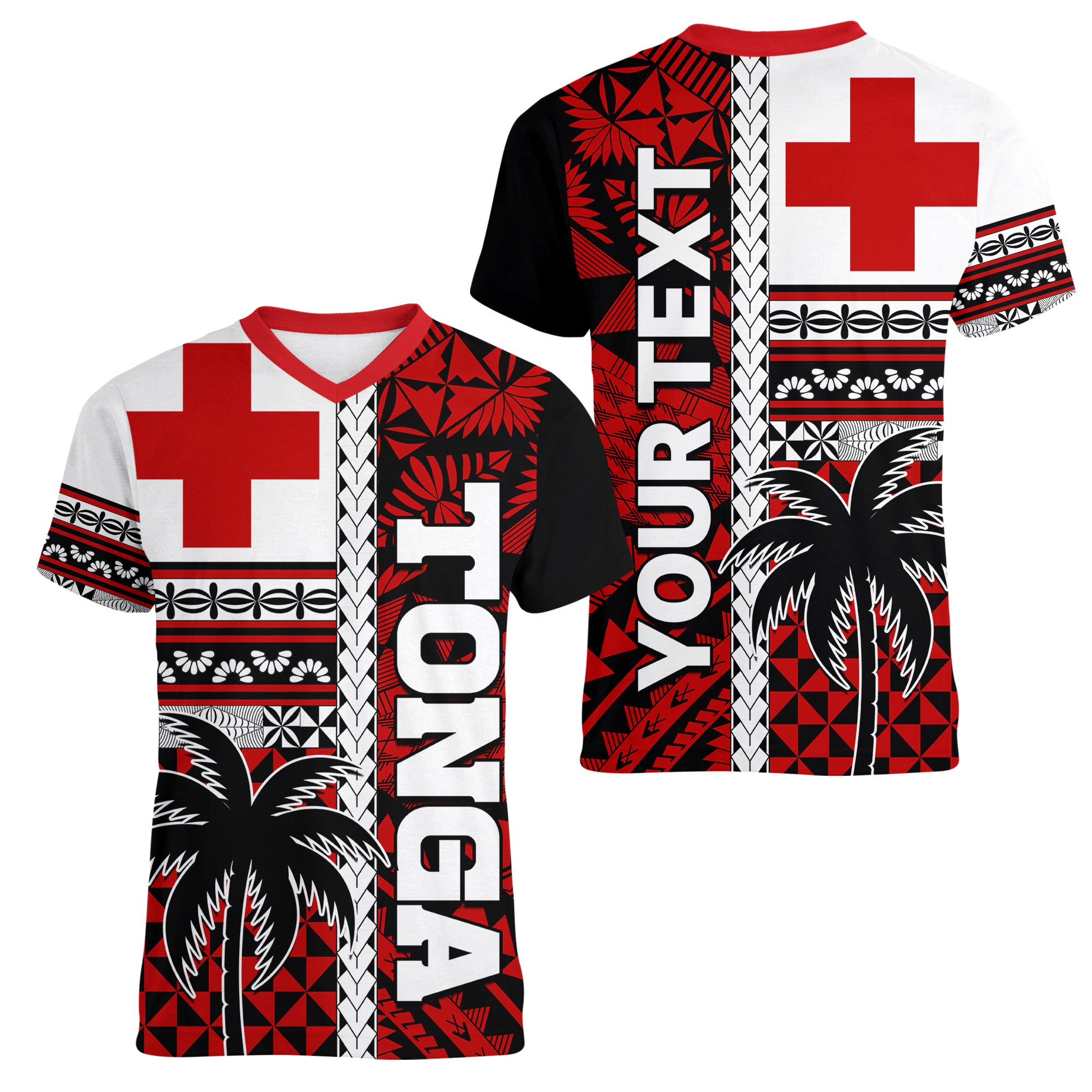 (Custom Personalised) Tonga Kupesi Ngatu Women V Neck T Shirt Proud Tonga with Flag and Palm Tree LT9 Female Red - Polynesian Pride