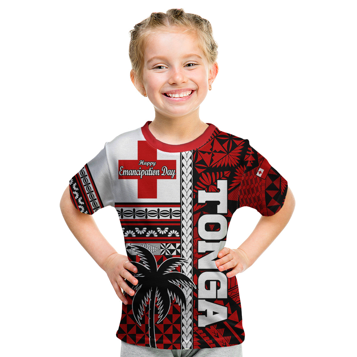 (Custom Personalised) Tonga Independence Day Kid T Shirt Proud Tongan Emancipation with Kupesi Ngatu LT9 - Polynesian Pride