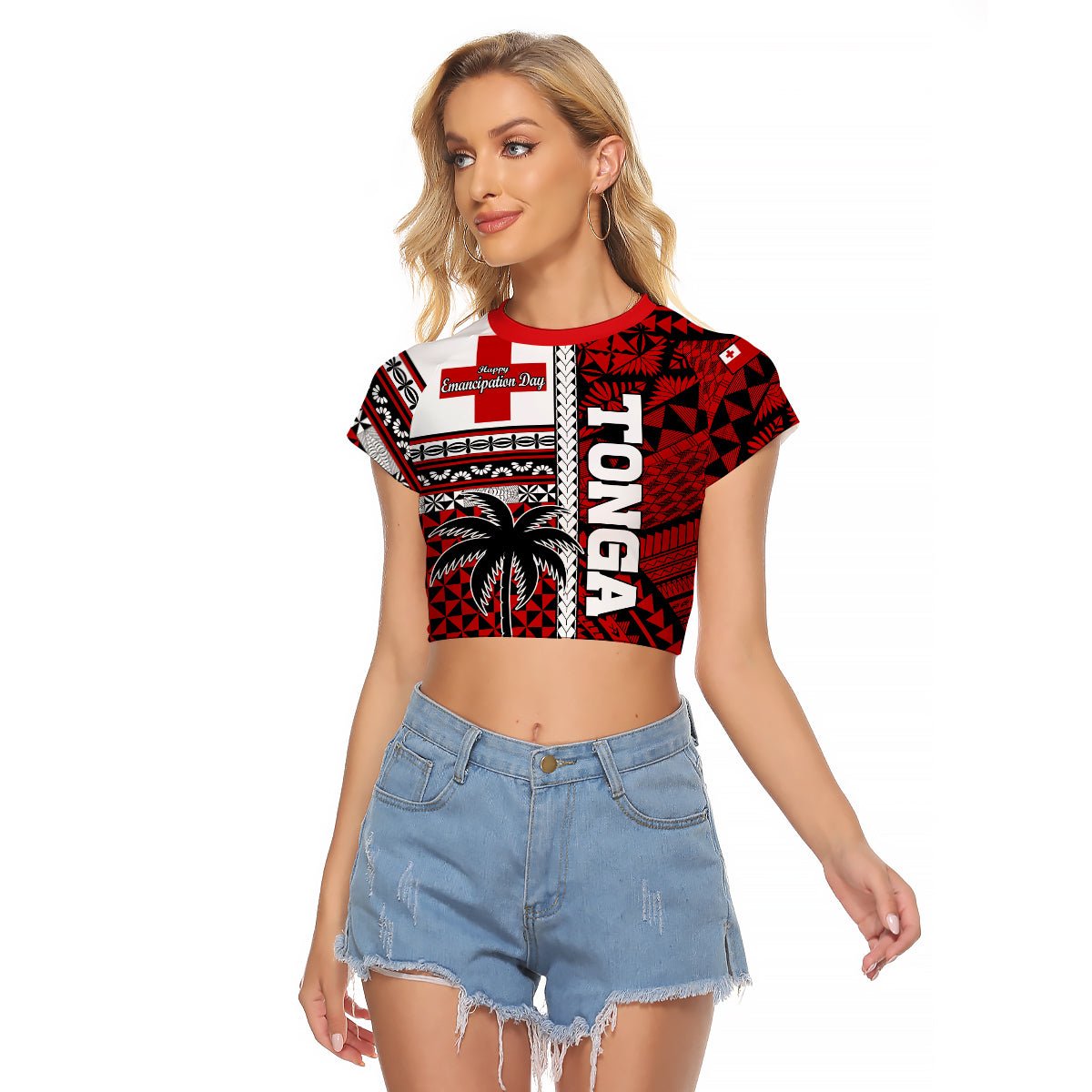 (Custom Personalised) Tonga Independence Day Raglan Cropped T Shirt Proud Tongan Emancipation with Kupesi Ngatu LT9 Female Red - Polynesian Pride