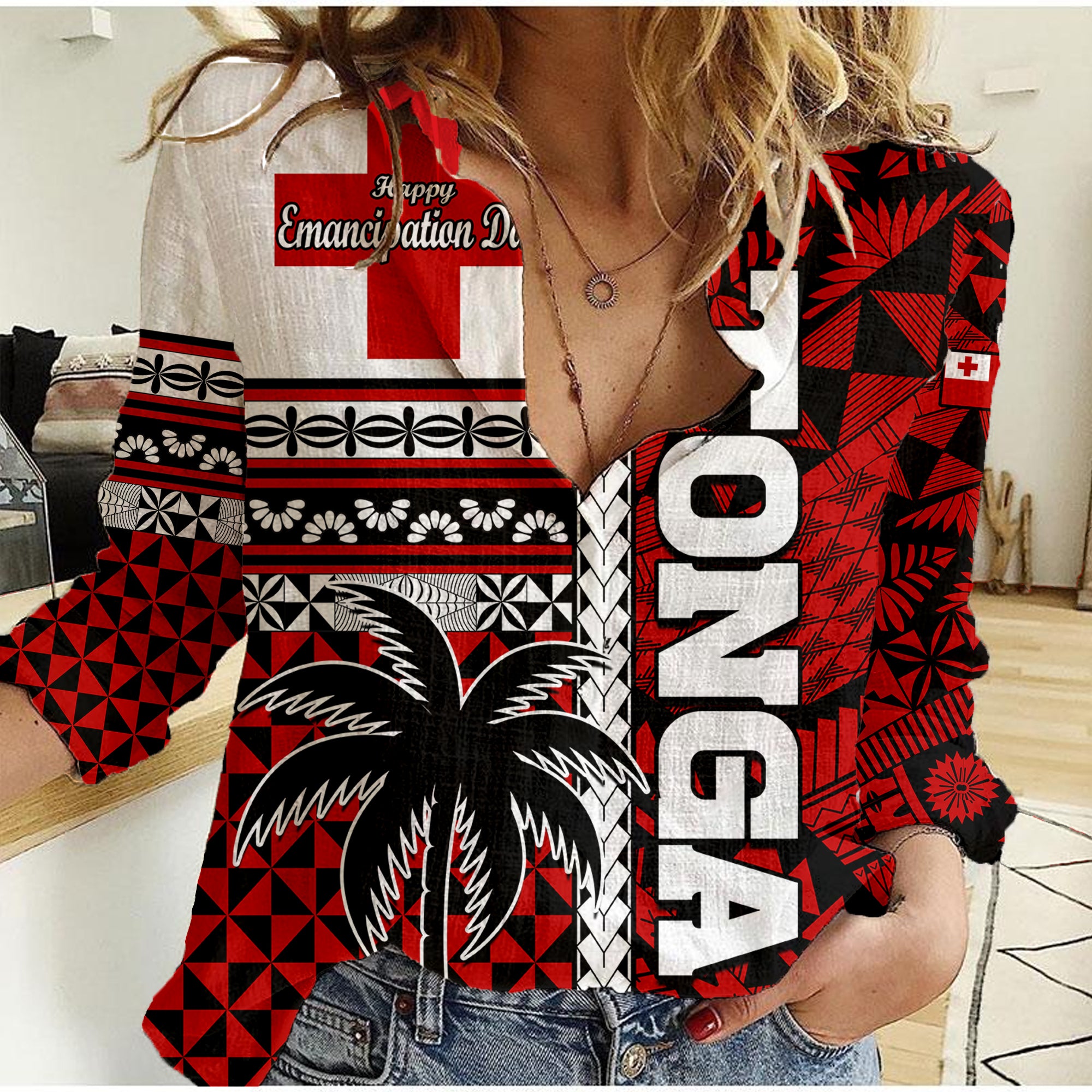 (Custom Personalised) Tonga Independence Day Women Casual Shirt Proud Tongan Emancipation with Kupesi Ngatu LT9 Female Red - Polynesian Pride