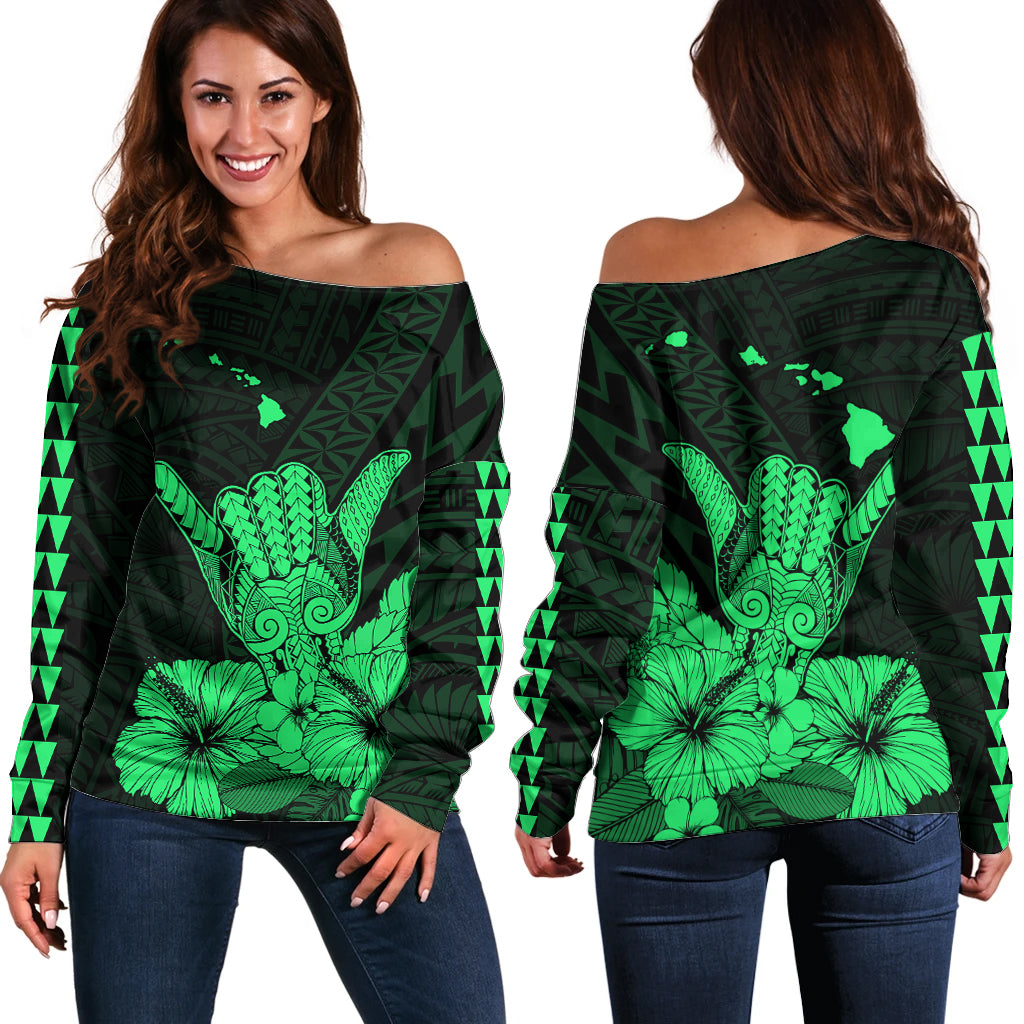 Hawaii Shaka Sign Off Shoulder Sweater Green Version LT9 Women Green - Polynesian Pride