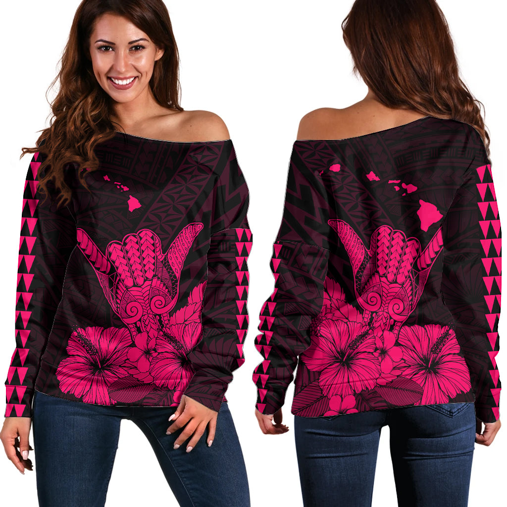 Hawaii Shaka Sign Off Shoulder Sweater Pink Version LT9 Women Pink - Polynesian Pride