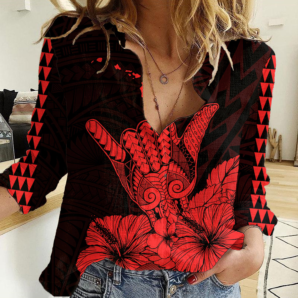 Hawaii Shaka Sign Women Casual Shirt Red Version LT9 Female Red - Polynesian Pride
