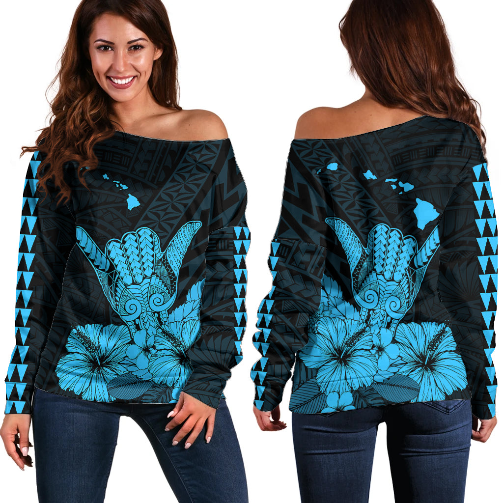 Hawaii Shaka Sign Off Shoulder Sweater Blue Version LT9 Women Blue - Polynesian Pride