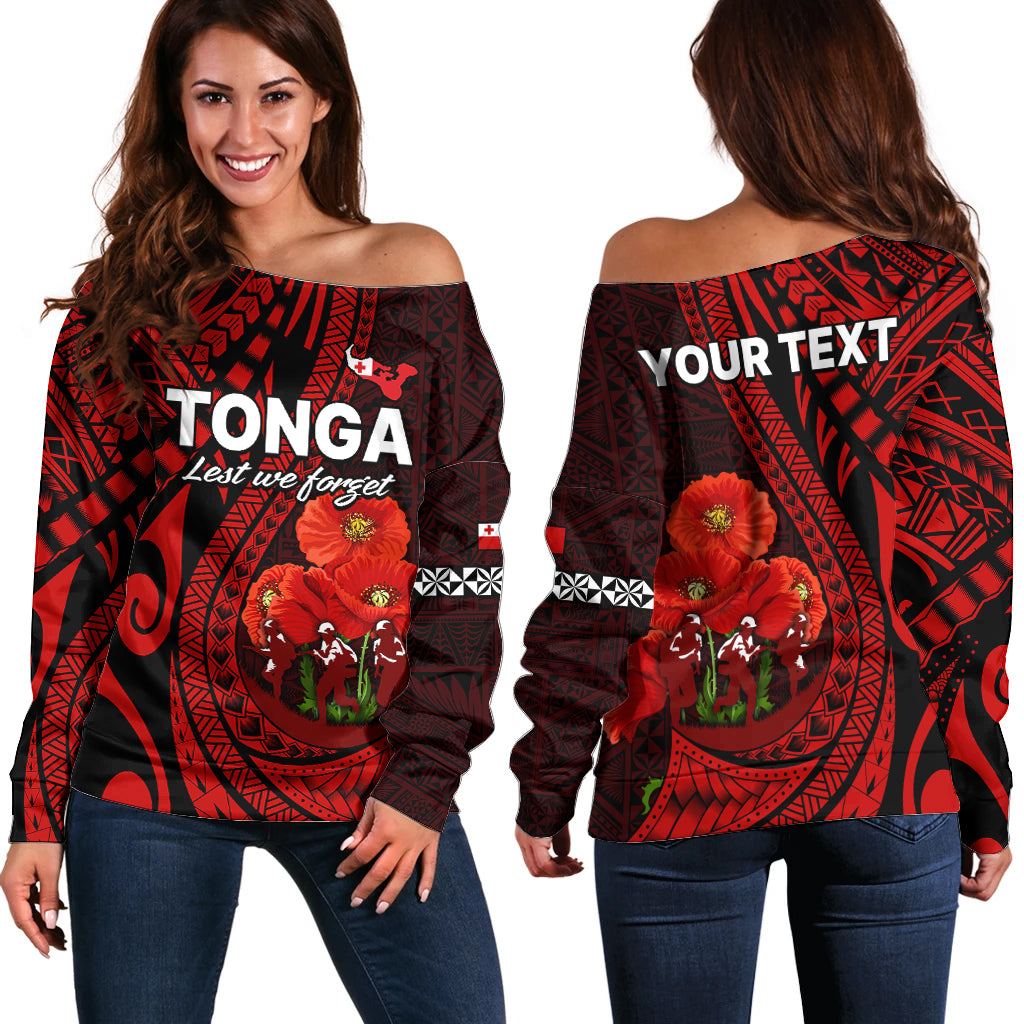 (Custom Personalised) Tonga ANZAC Day Off Shoulder Sweater Lest We Forget Red Version LT9 Women Red - Polynesian Pride