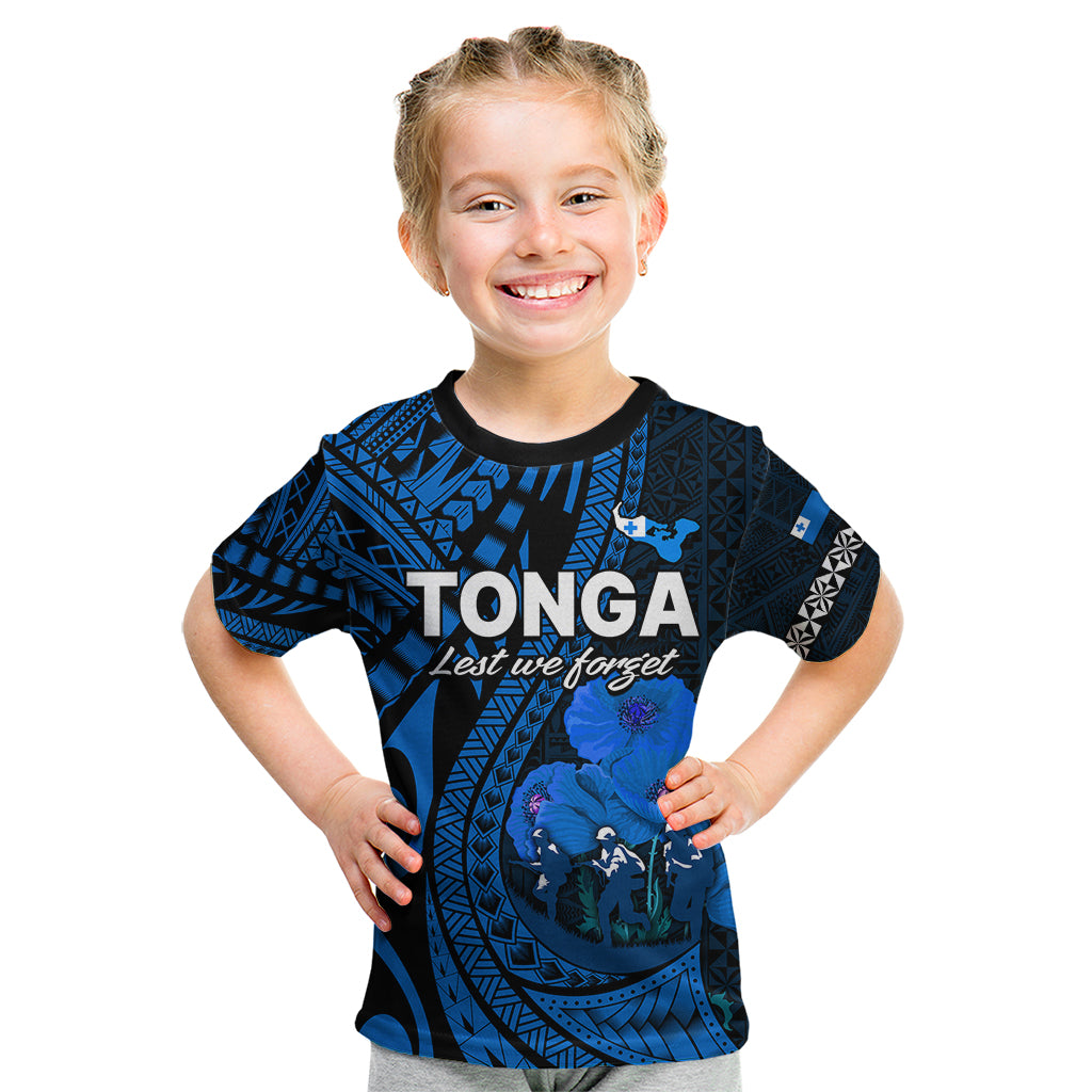 (Custom Personalised) Tonga ANZAC Day Kid T Shirt Lest We Forget Blue Version LT9 Youth XL Size14 - Polynesian Pride
